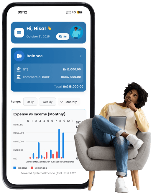 Woman thinking about her spending with a large phone screen