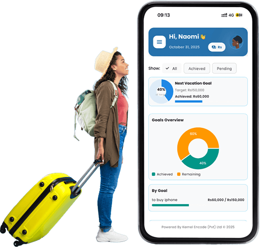 Woman with luggage looking up at a large phone screen, symbolizing future dreams