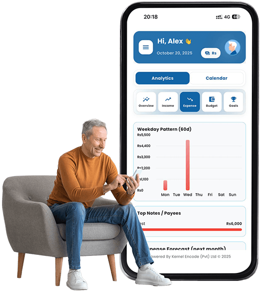 Man reviewing finances on a large phone screen